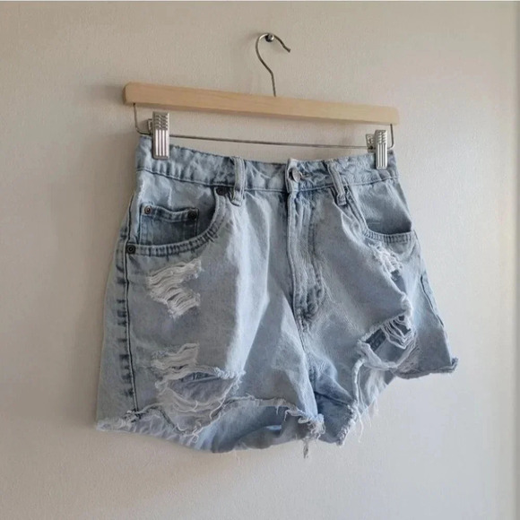 Light Denim Distressed High Rise Shorts - Picture 4 of 8